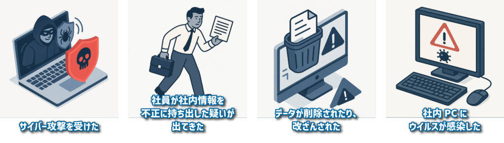 デジタルフォレンジックが活用される例（１）サイバー攻撃を受けてしまった（２）社員が社内情報を不正に持ち出した疑いが出てきた（３）データが削除されたり、改ざんされてしまった（４）社内PCにウイルスが感染してしまった